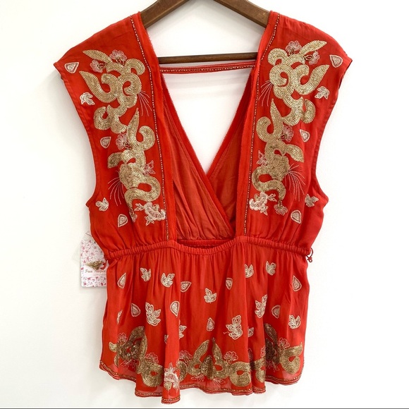 Free people red gold sequin embroidered open back top size small - Picture 3 of 9